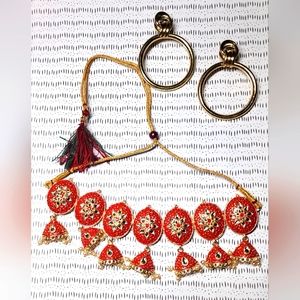 Indian/ Ethnic Gold Enamel Rhinestone Necklace and large gold Hoops
